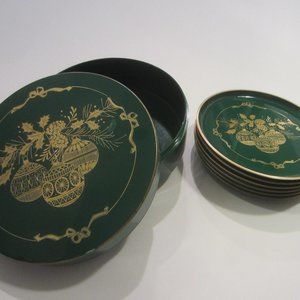 Ottagiri Japan Green Lacquer Gold Painted Ornament Box of Coasters Set